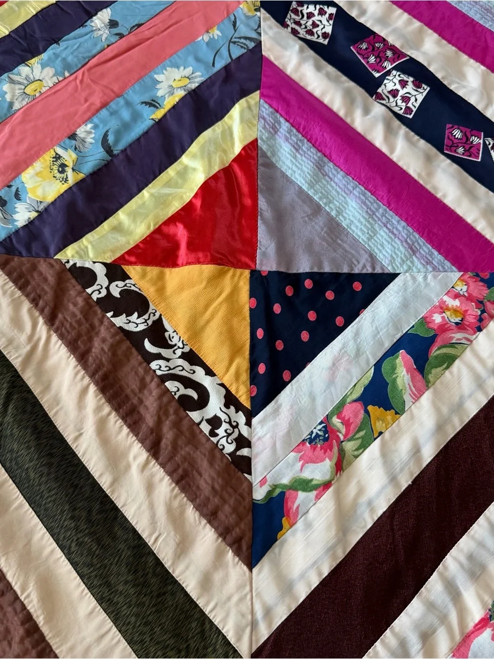 Vintage Handmade Satin String Quilt 62x96 Boho Patchwork Bed Throw